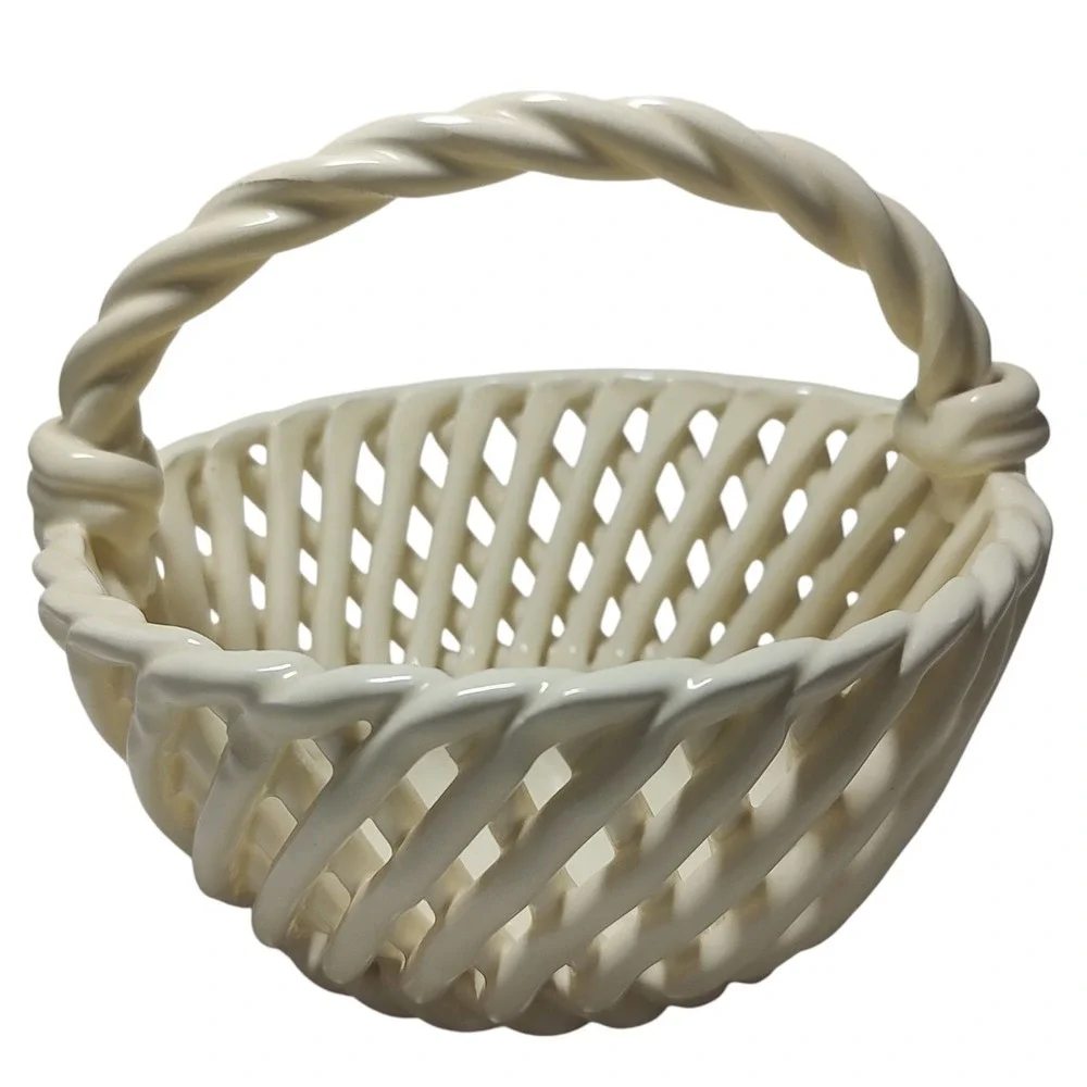 Vintage Woven Glass Basket Weave Twisted Handle Cream Springtime Five Inches SEE